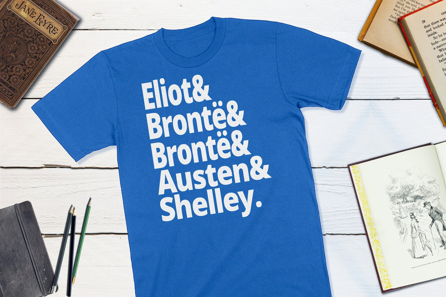 18th Century British Authors - Eliot Bronte Bronte Austen Shelley-Unisex T-shirt-Yesteeyear