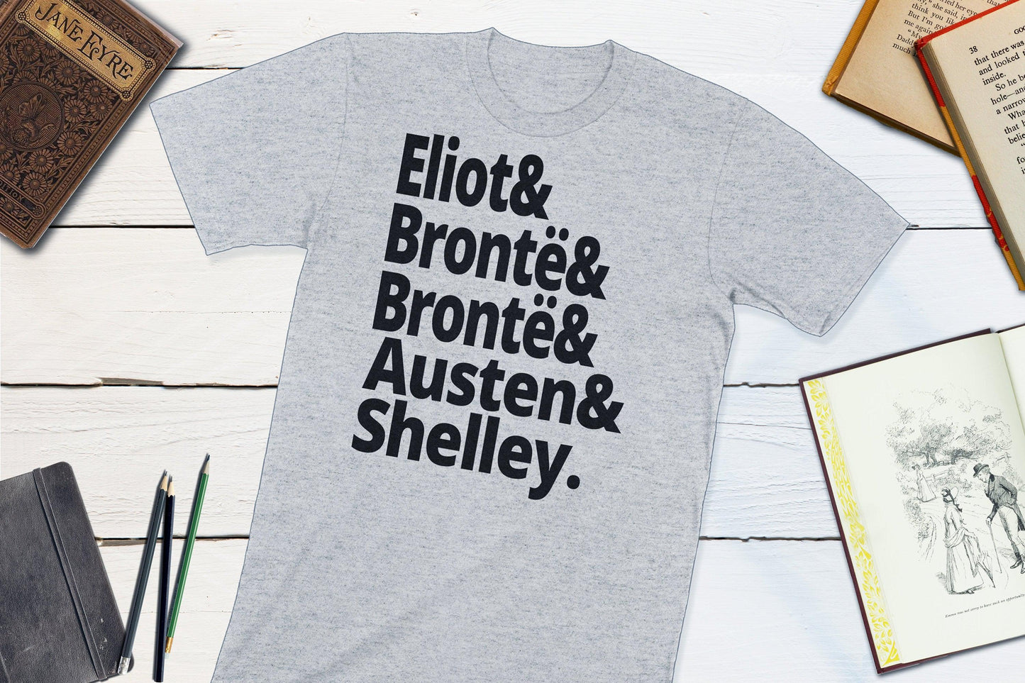 18th Century British Authors - Eliot Bronte Bronte Austen Shelley-Unisex T-shirt-Yesteeyear