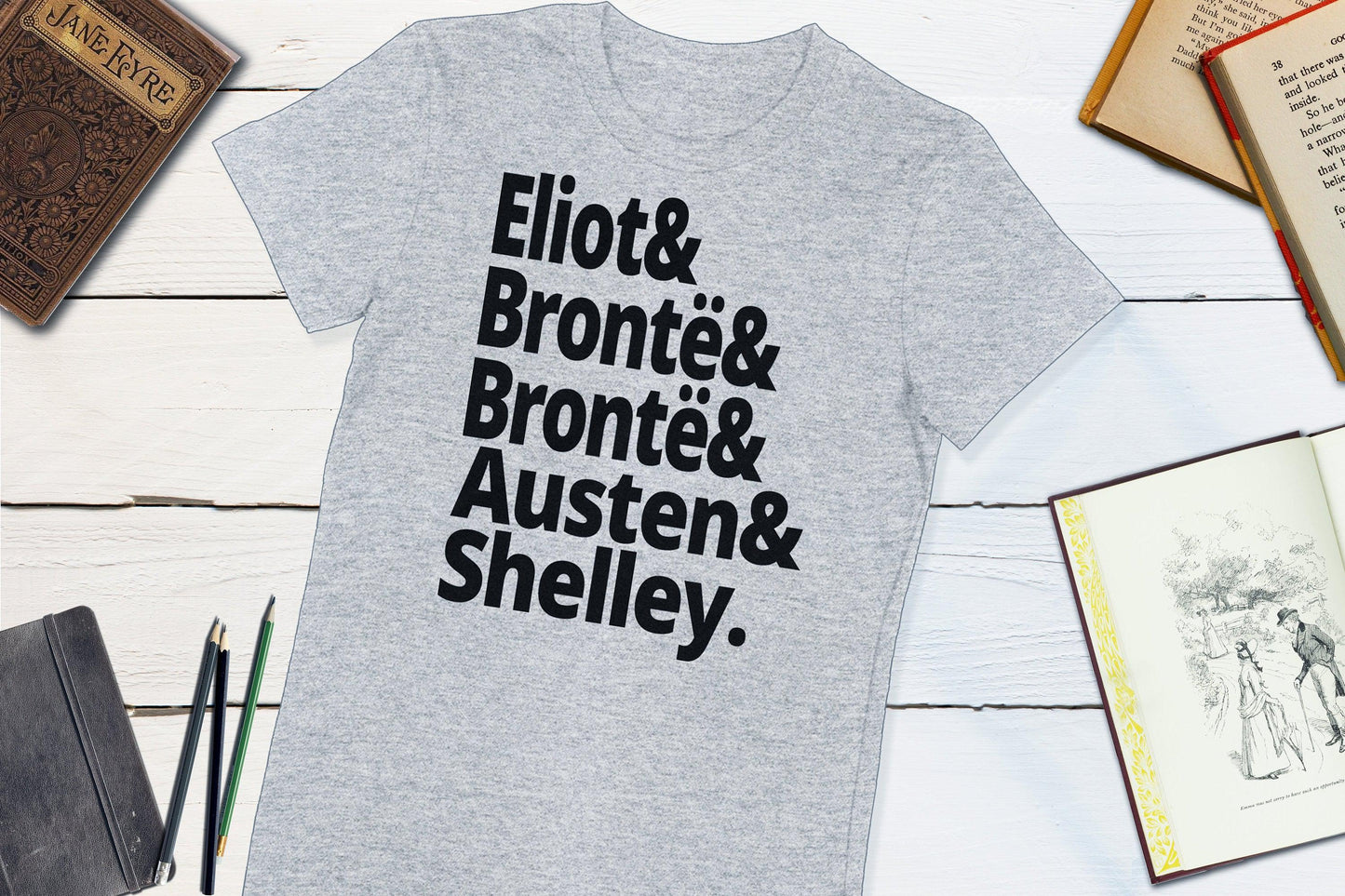 18th Century British Authors - Eliot Bronte Bronte Austen Shelley-Women's T-shirt-Yesteeyear