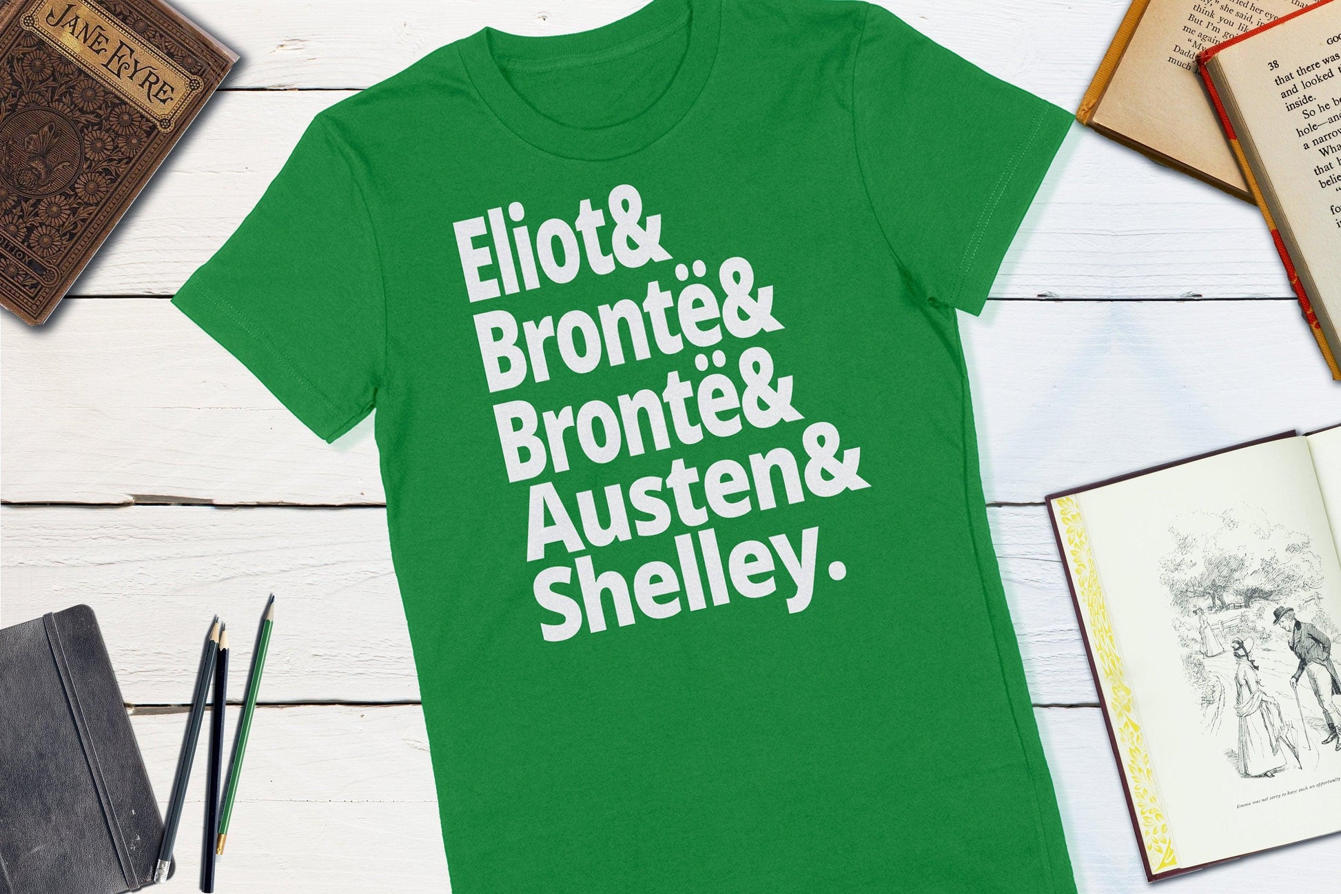 18th Century British Authors - Eliot Bronte Bronte Austen Shelley-Women's T-shirt-Yesteeyear