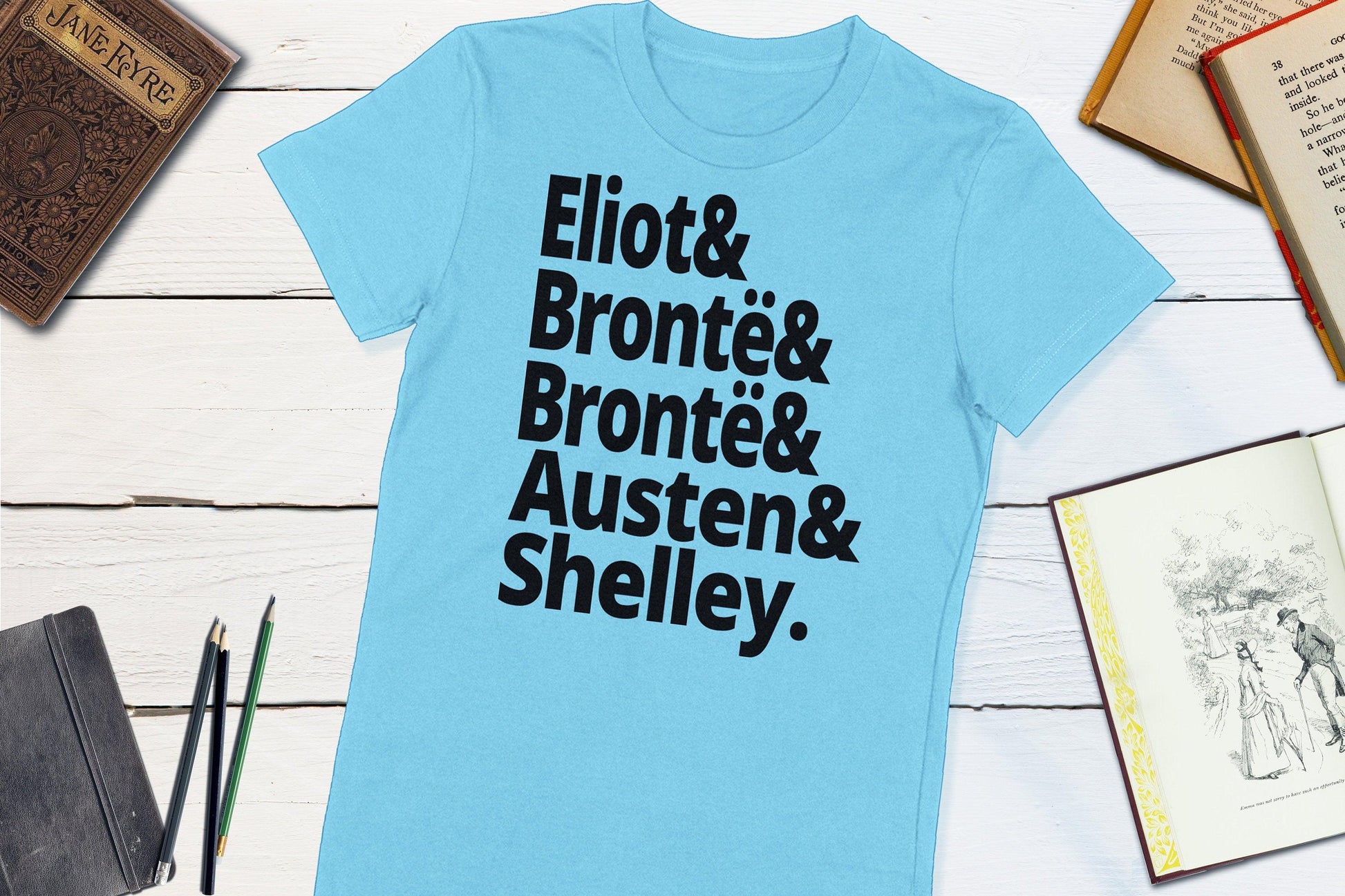 18th Century British Authors - Eliot Bronte Bronte Austen Shelley-Women's T-shirt-Yesteeyear