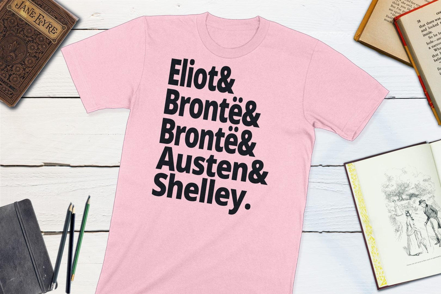 18th Century British Authors - Eliot Bronte Bronte Austen Shelley-Unisex T-shirt-Yesteeyear