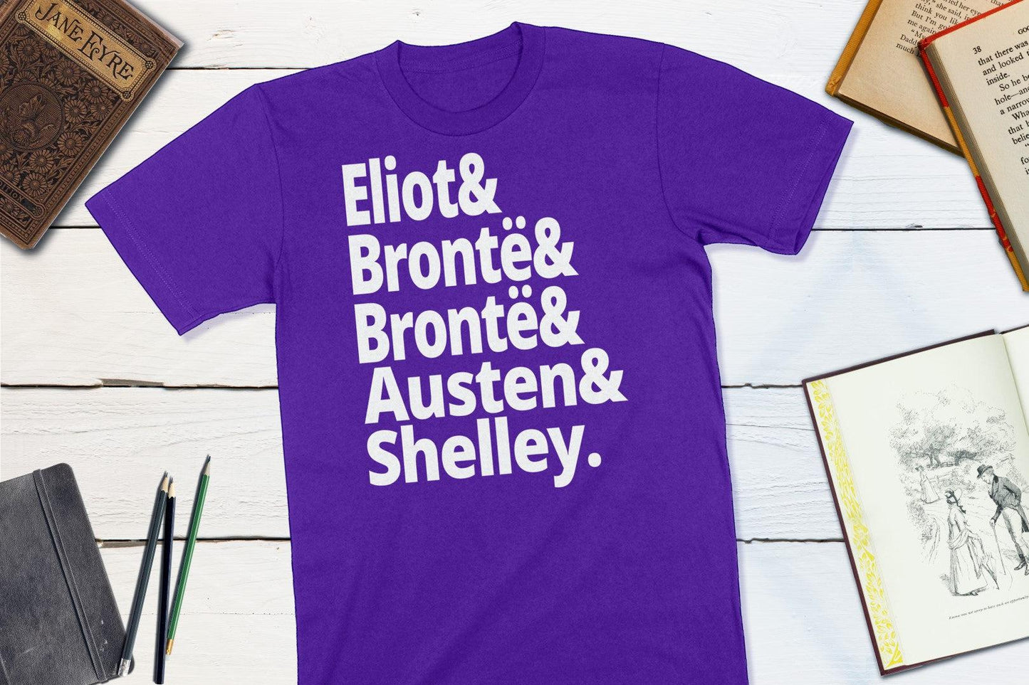 18th Century British Authors - Eliot Bronte Bronte Austen Shelley-Unisex T-shirt-Yesteeyear