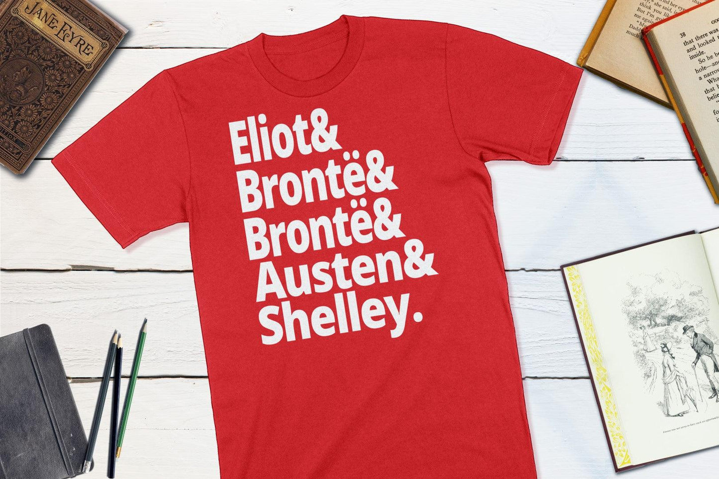 18th Century British Authors - Eliot Bronte Bronte Austen Shelley-Unisex T-shirt-Yesteeyear