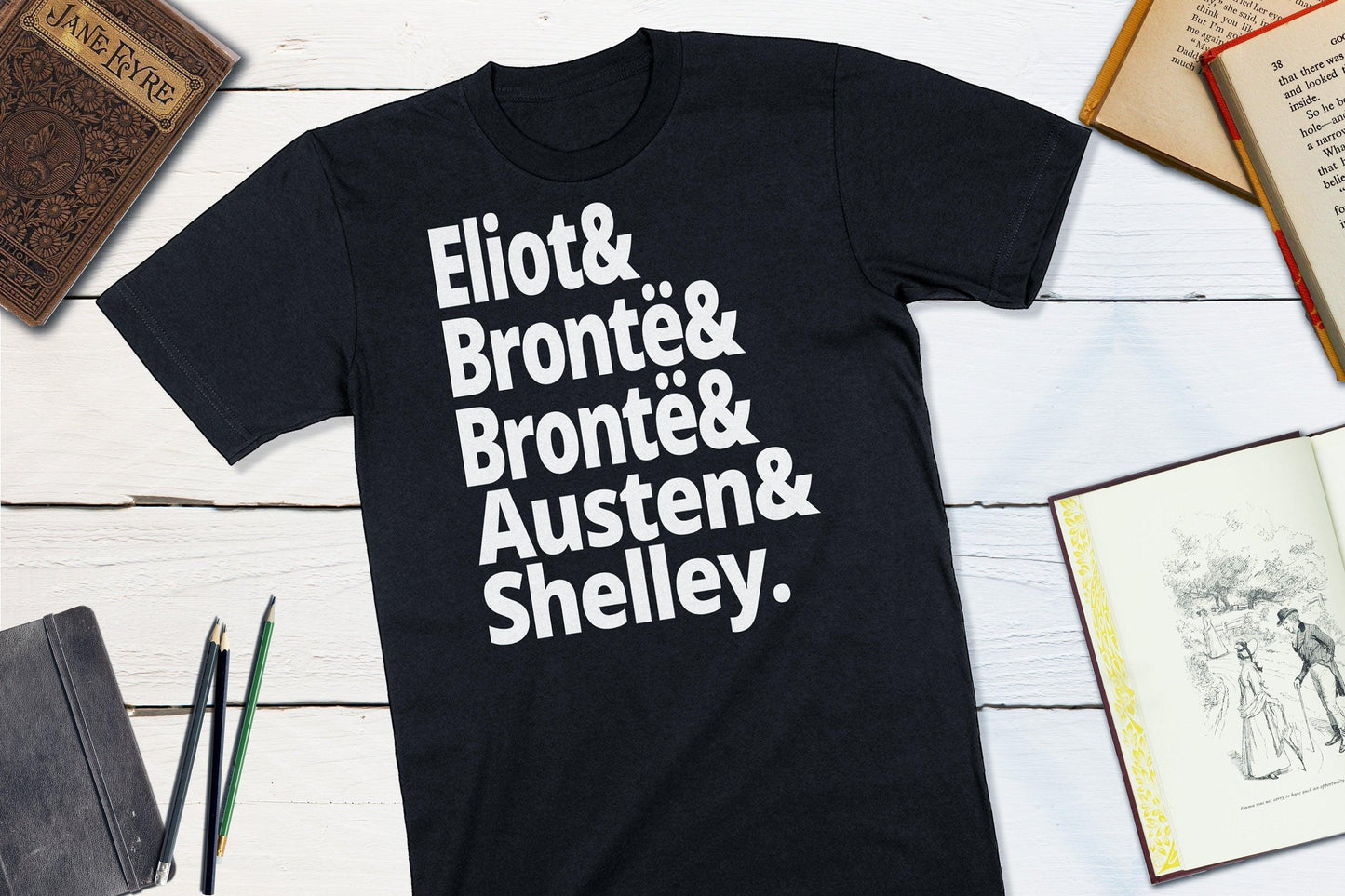 18th Century British Authors - Eliot Bronte Bronte Austen Shelley-Unisex T-shirt-Yesteeyear