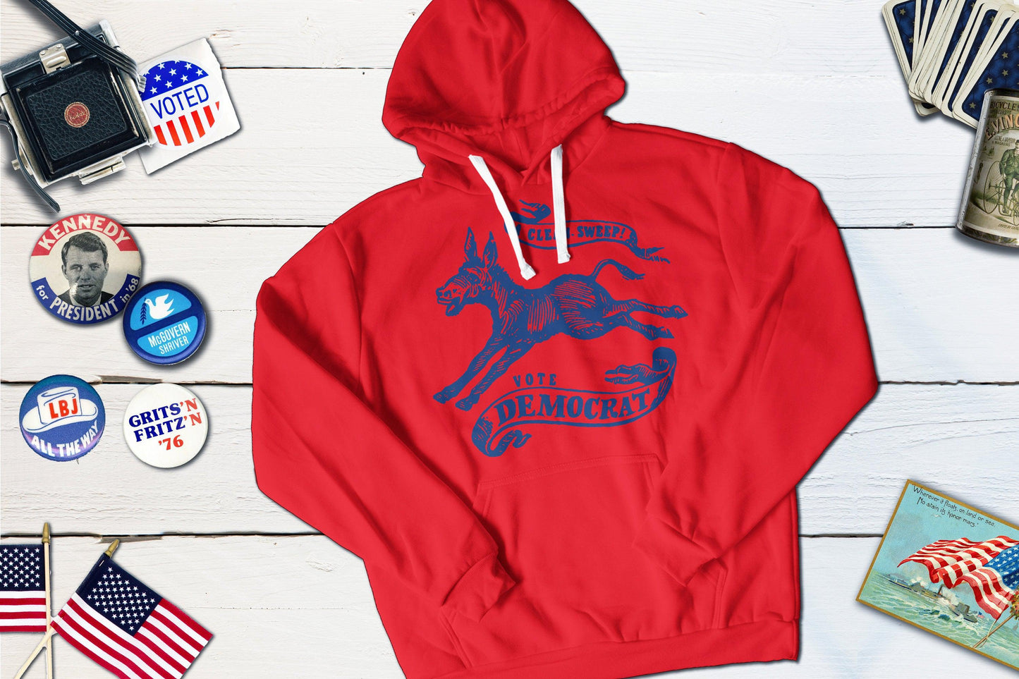 A Clean Sweep! Vote Democrat 1968 Vintage Political Campaign Button-Hooded Sweatshirt-Yesteeyear