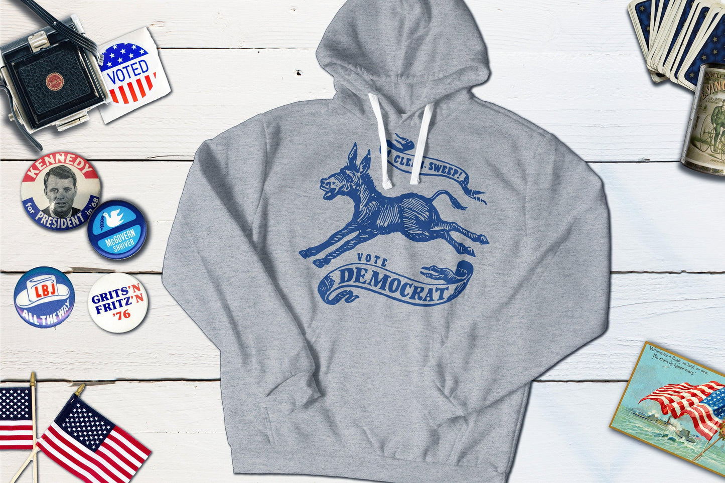 A Clean Sweep! Vote Democrat 1968 Vintage Political Campaign Button-Hooded Sweatshirt-Yesteeyear