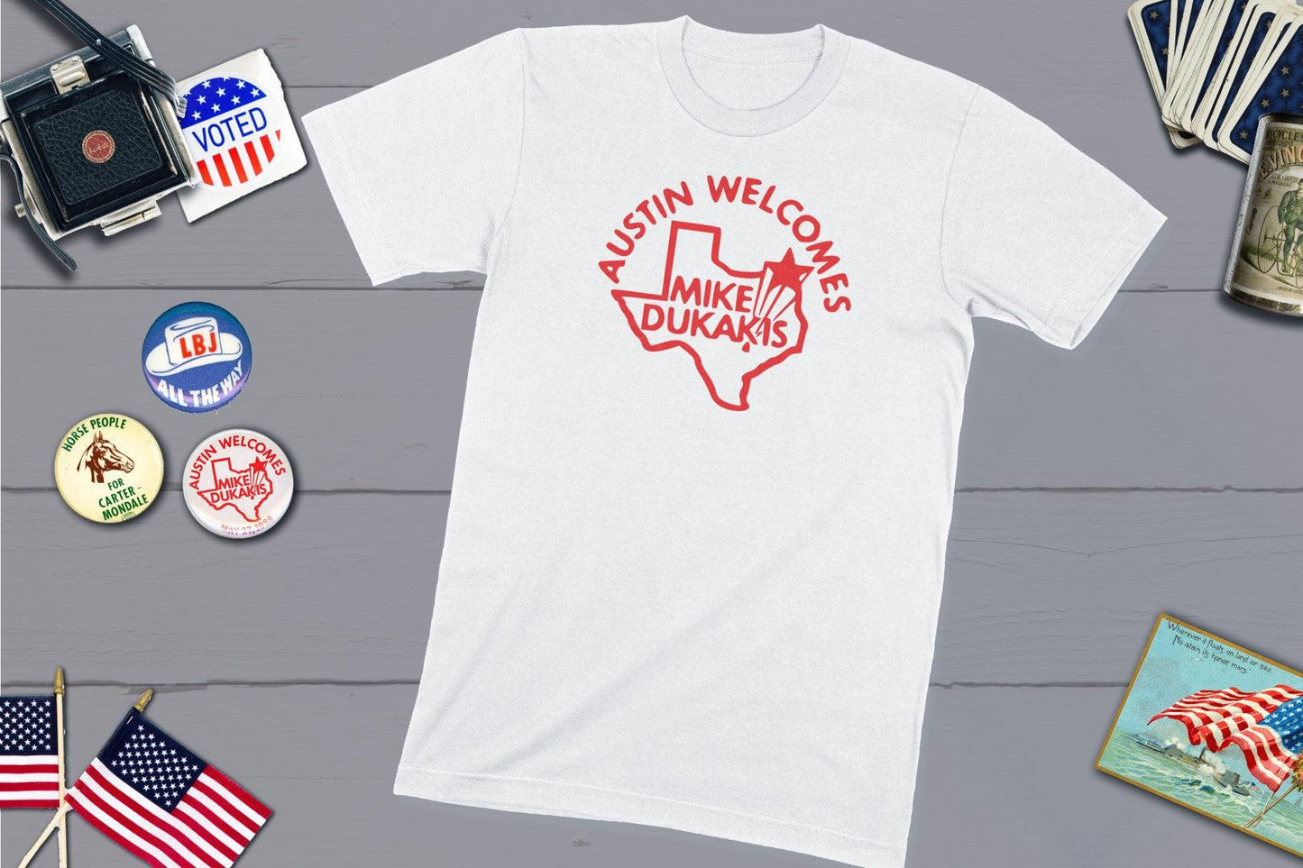 Austin Welcomes Mike Dukakis Democrat Political Campaign Button-Unisex T-shirt-Yesteeyear