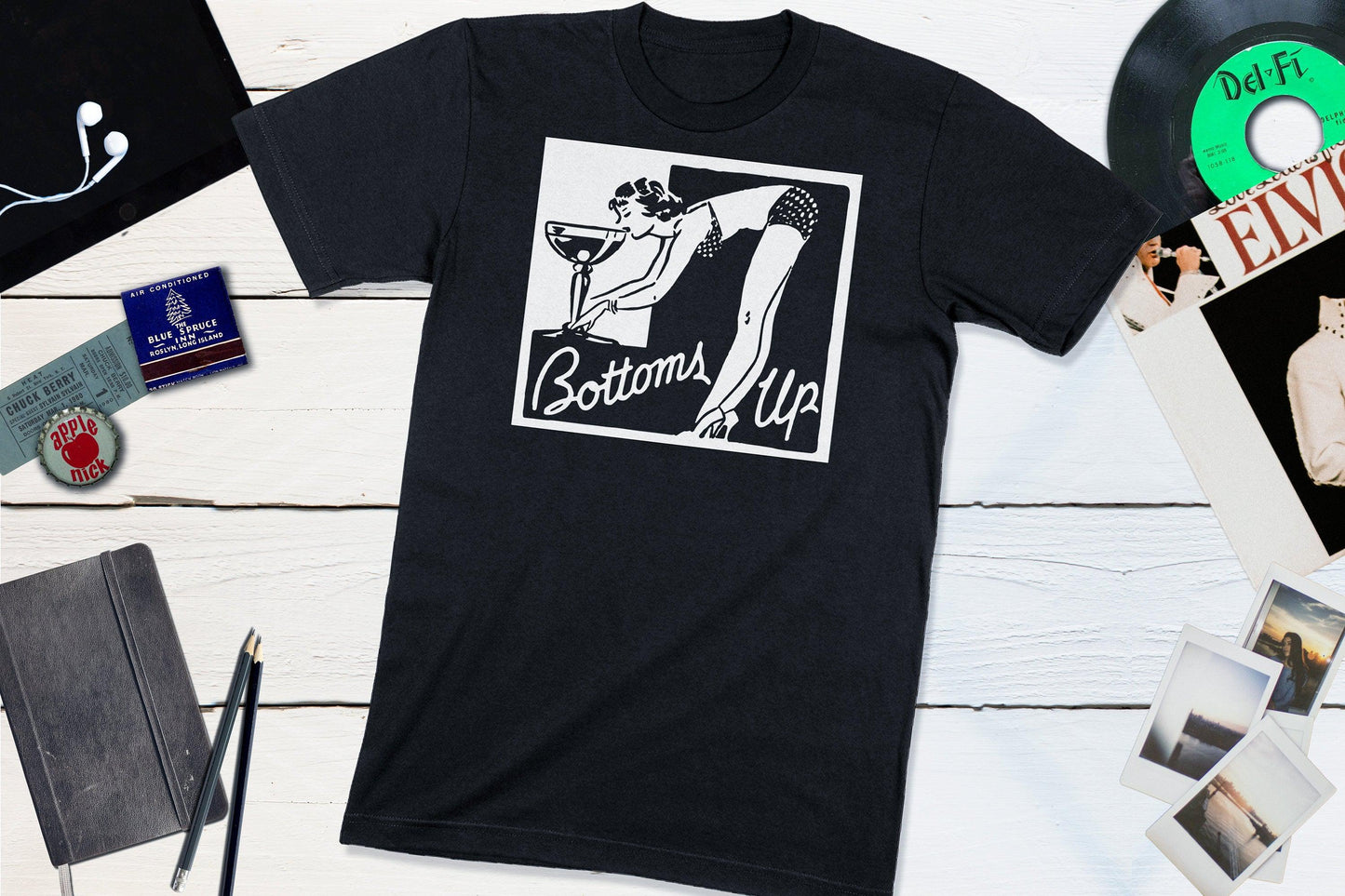 Bottoms Up Cocktail Lounge Pin-Up Vintage Matchbook-Unisex T-shirt-Yesteeyear