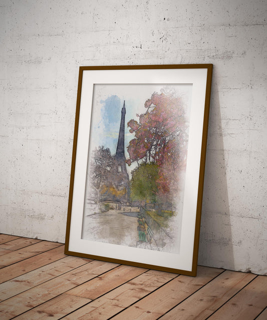 Eiffel Tower Paris in Spring Watercolor Poster-Poster-Yesteeyear