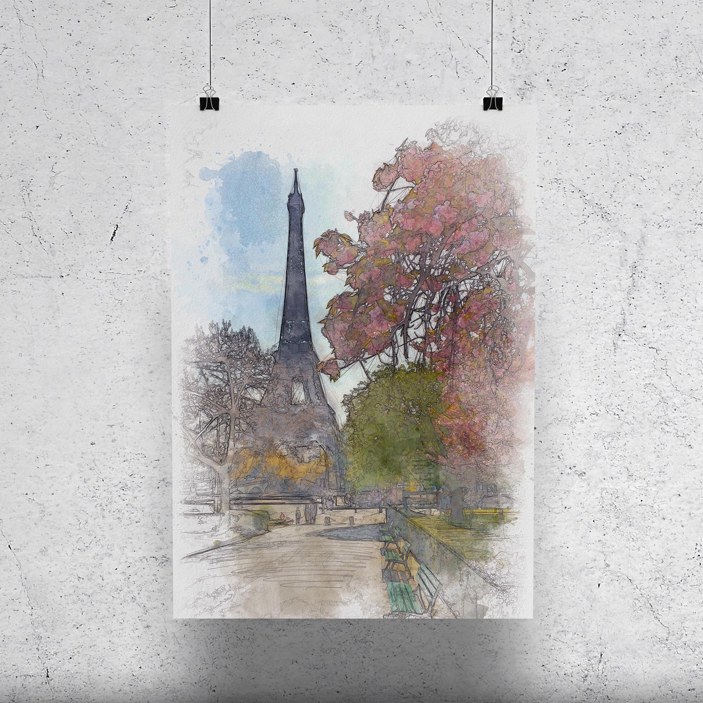 Eiffel Tower Paris in Spring Watercolor Poster-Poster-Yesteeyear