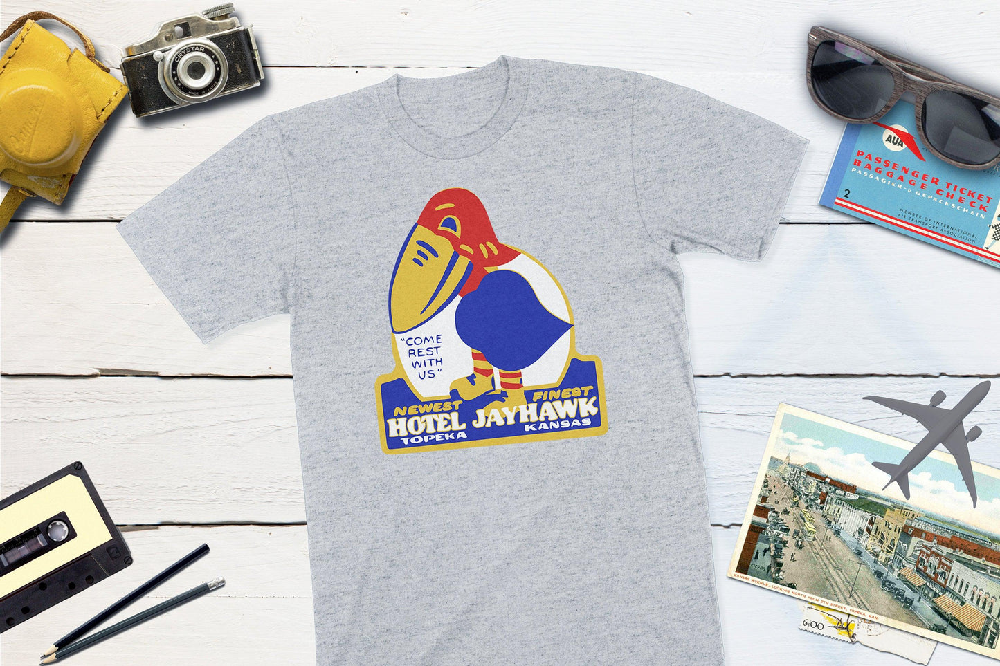 Hotel Jayhawk - Topeka Kansas Vintage Travel Sticker-Unisex T-shirt-Yesteeyear