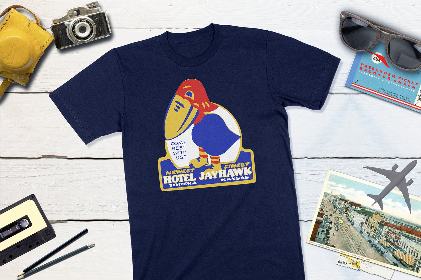 Hotel Jayhawk - Topeka Kansas Vintage Travel Sticker-Unisex T-shirt-Yesteeyear