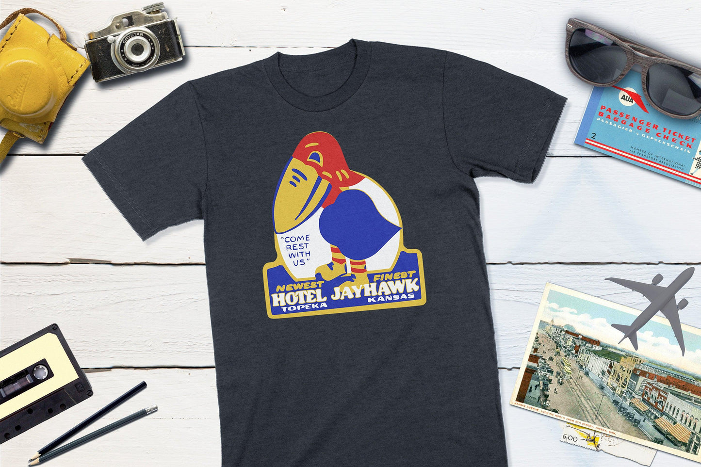 Hotel Jayhawk - Topeka Kansas Vintage Travel Sticker-Unisex T-shirt-Yesteeyear