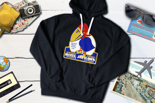 Hotel Jayhawk - Topeka Kansas Vintage Travel Sticker Hoodie-Hooded Sweatshirt-Yesteeyear
