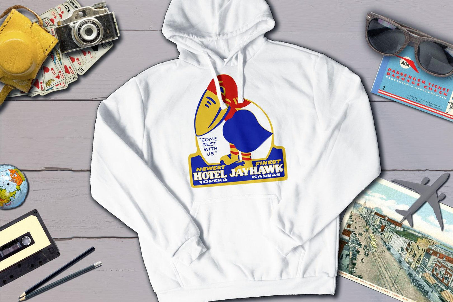 Hotel Jayhawk - Topeka Kansas Vintage Travel Sticker Hoodie-Hooded Sweatshirt-Yesteeyear