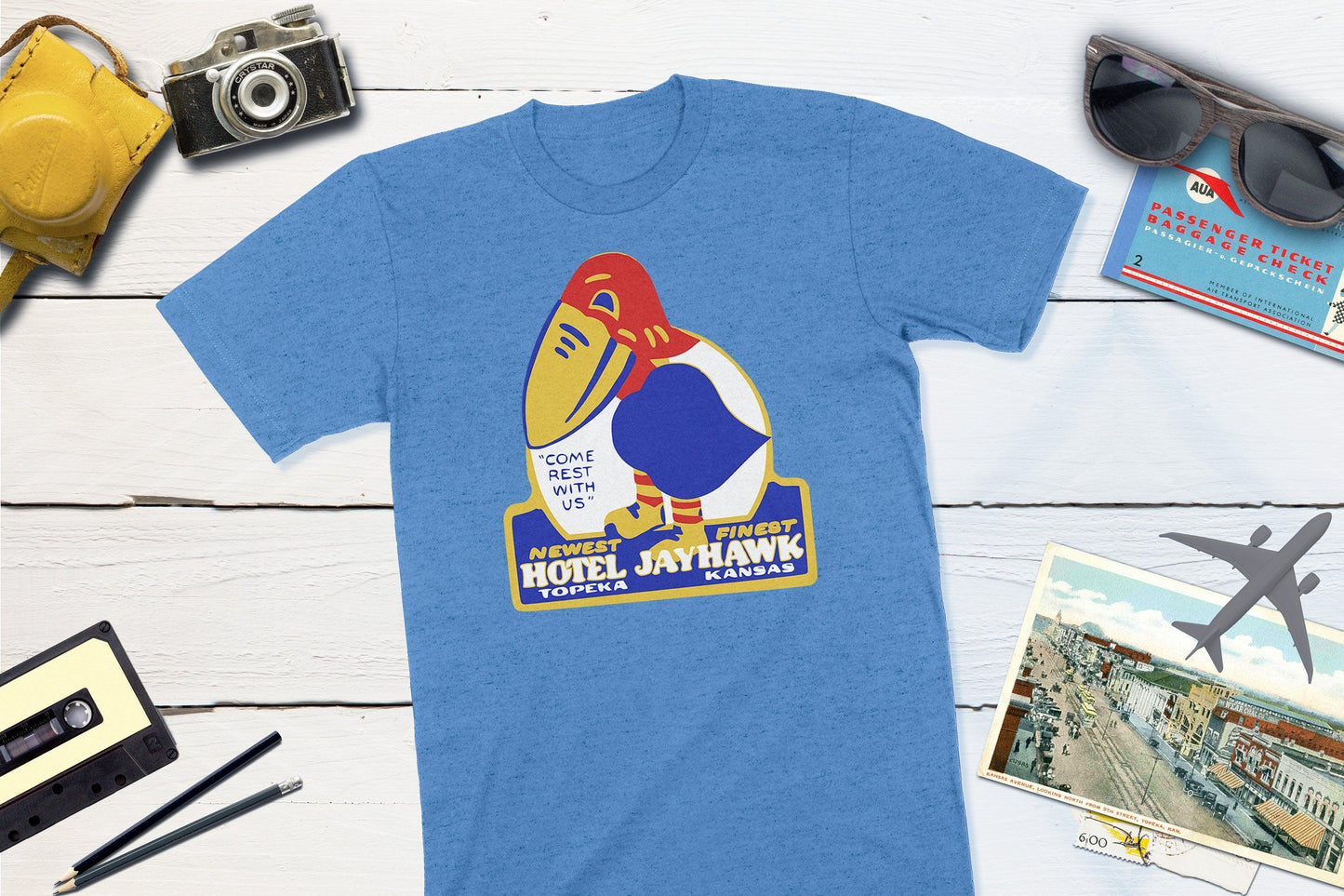 Hotel Jayhawk - Topeka Kansas Vintage Travel Sticker-Unisex T-shirt-Yesteeyear