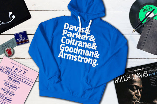 Jazz Masters - Davis, Parker, Coltrane, Goodman and Armstrong-Hooded Sweatshirt-Yesteeyear