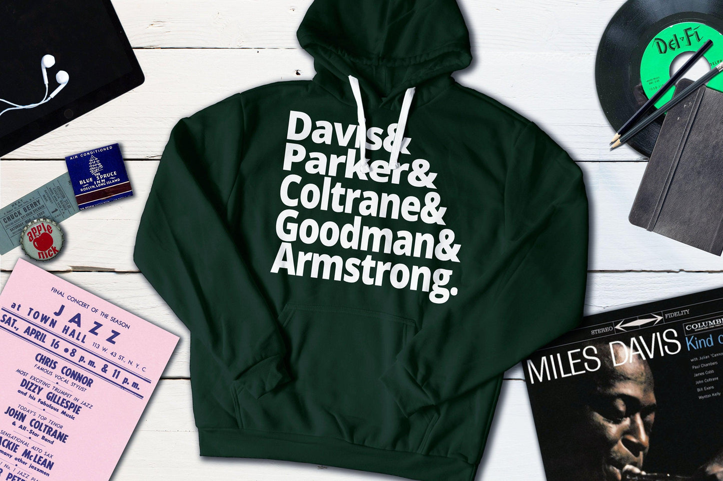 Jazz Masters - Davis, Parker, Coltrane, Goodman and Armstrong-Hooded Sweatshirt-Yesteeyear