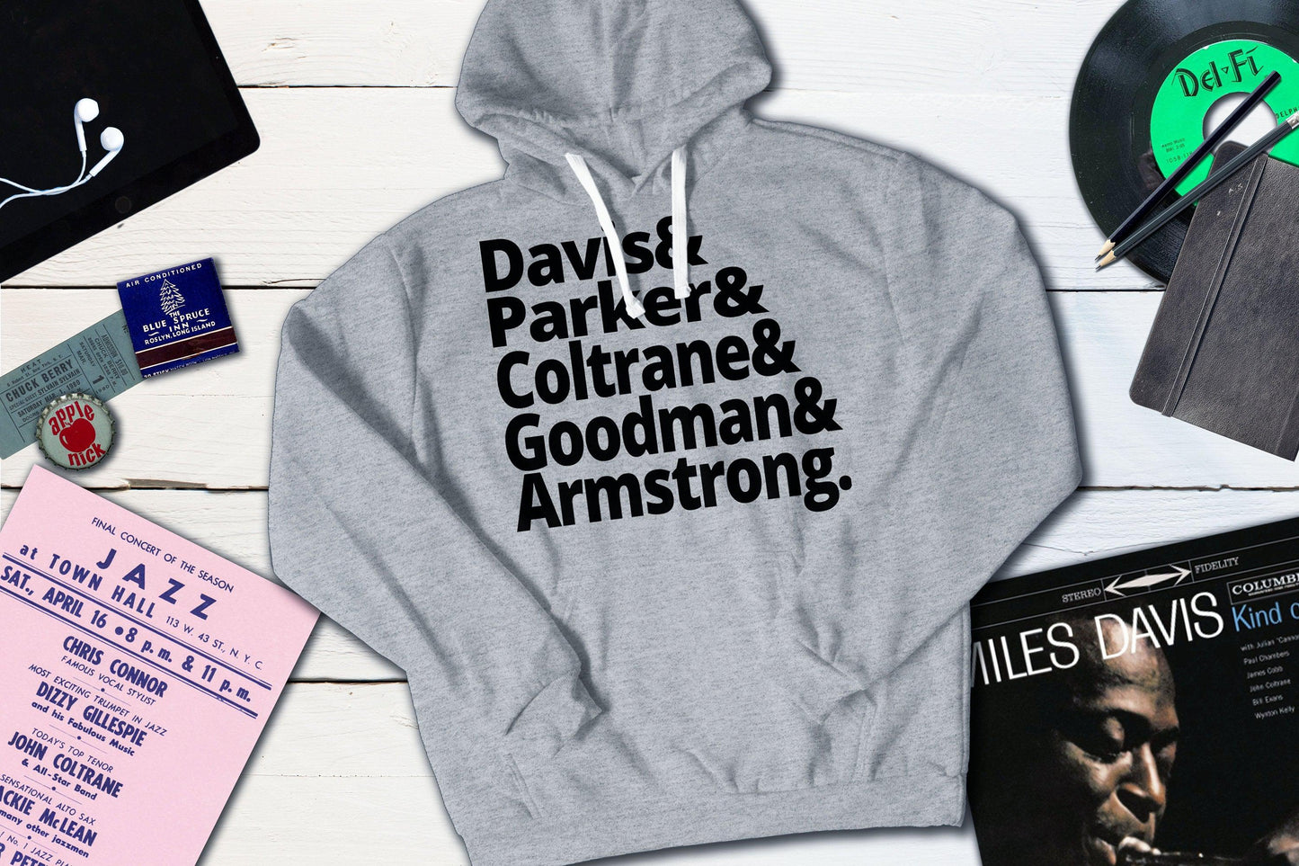 Jazz Masters - Davis, Parker, Coltrane, Goodman and Armstrong-Hooded Sweatshirt-Yesteeyear