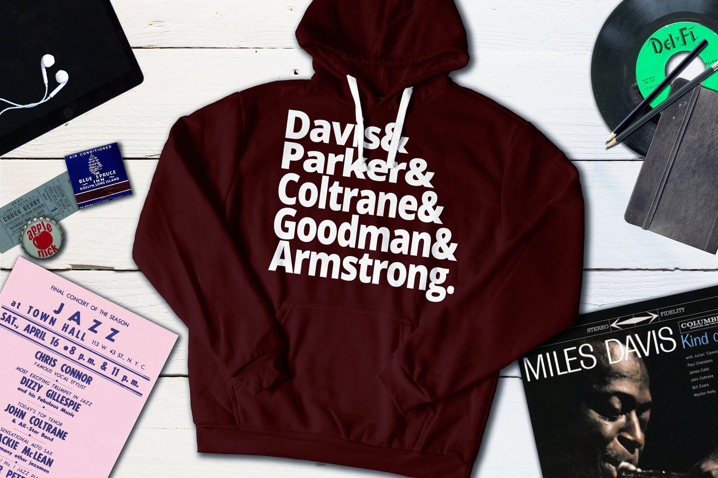 Jazz Masters - Davis, Parker, Coltrane, Goodman and Armstrong-Hooded Sweatshirt-Yesteeyear