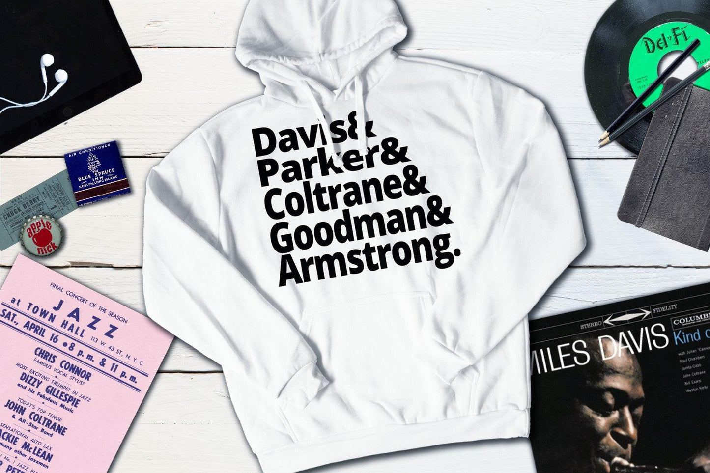 Jazz Masters - Davis, Parker, Coltrane, Goodman and Armstrong-Hooded Sweatshirt-Yesteeyear