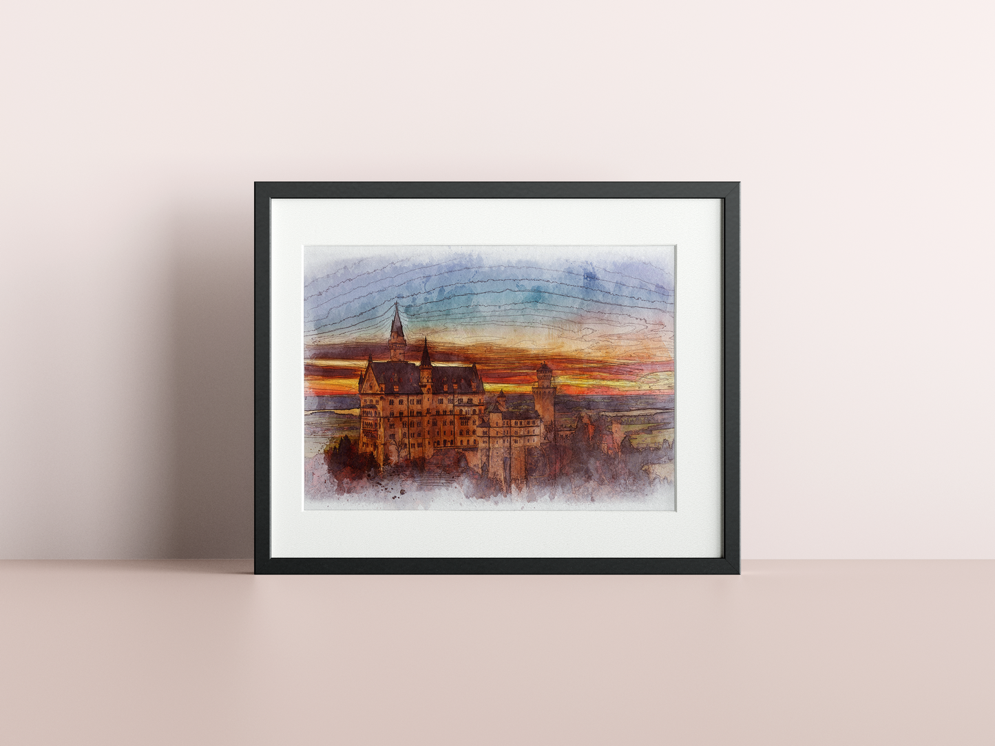 Neuschwanstein Castle Bavaria Germany Watercolor Poster-Poster-Yesteeyear