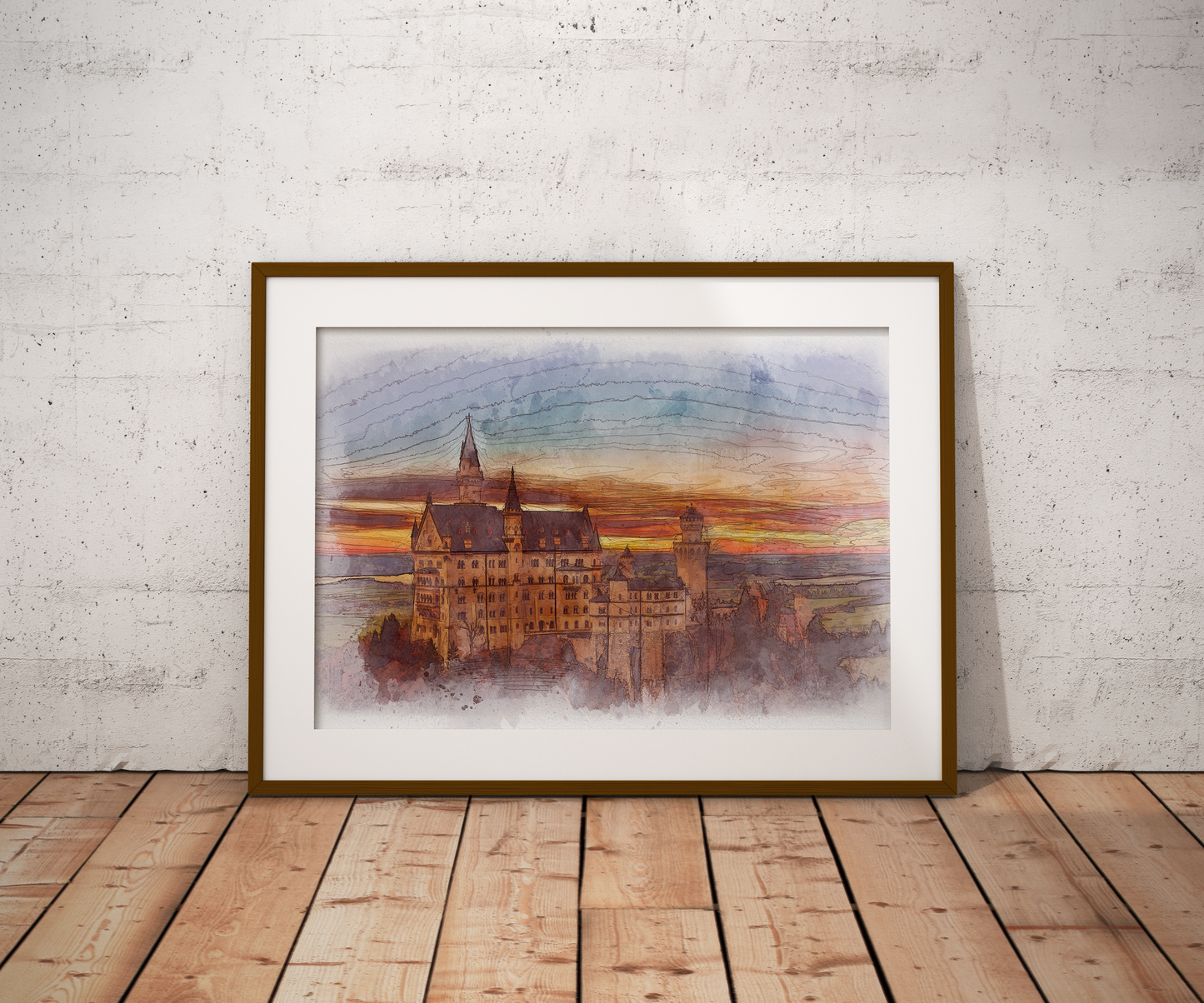Neuschwanstein Castle Bavaria Germany Watercolor Poster-Poster-Yesteeyear