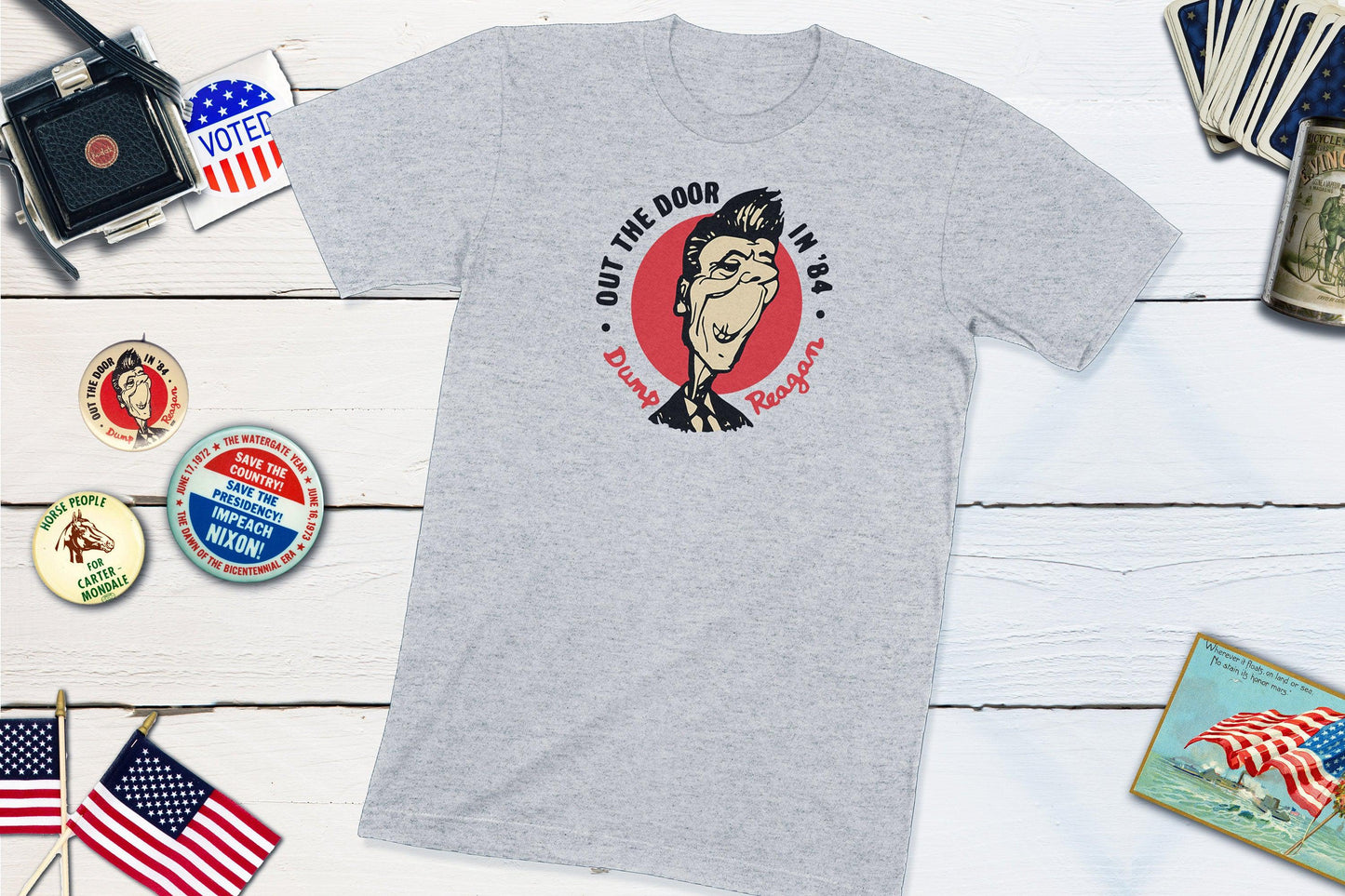 Out The Door In '84 - Dump Reagan - Anti-Reagan Vintage Political Button-Unisex T-shirt-Yesteeyear