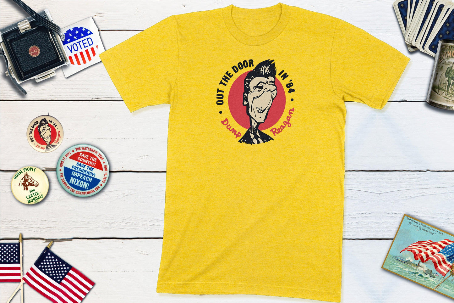 Out The Door In '84 - Dump Reagan - Anti-Reagan Vintage Political Button-Unisex T-shirt-Yesteeyear