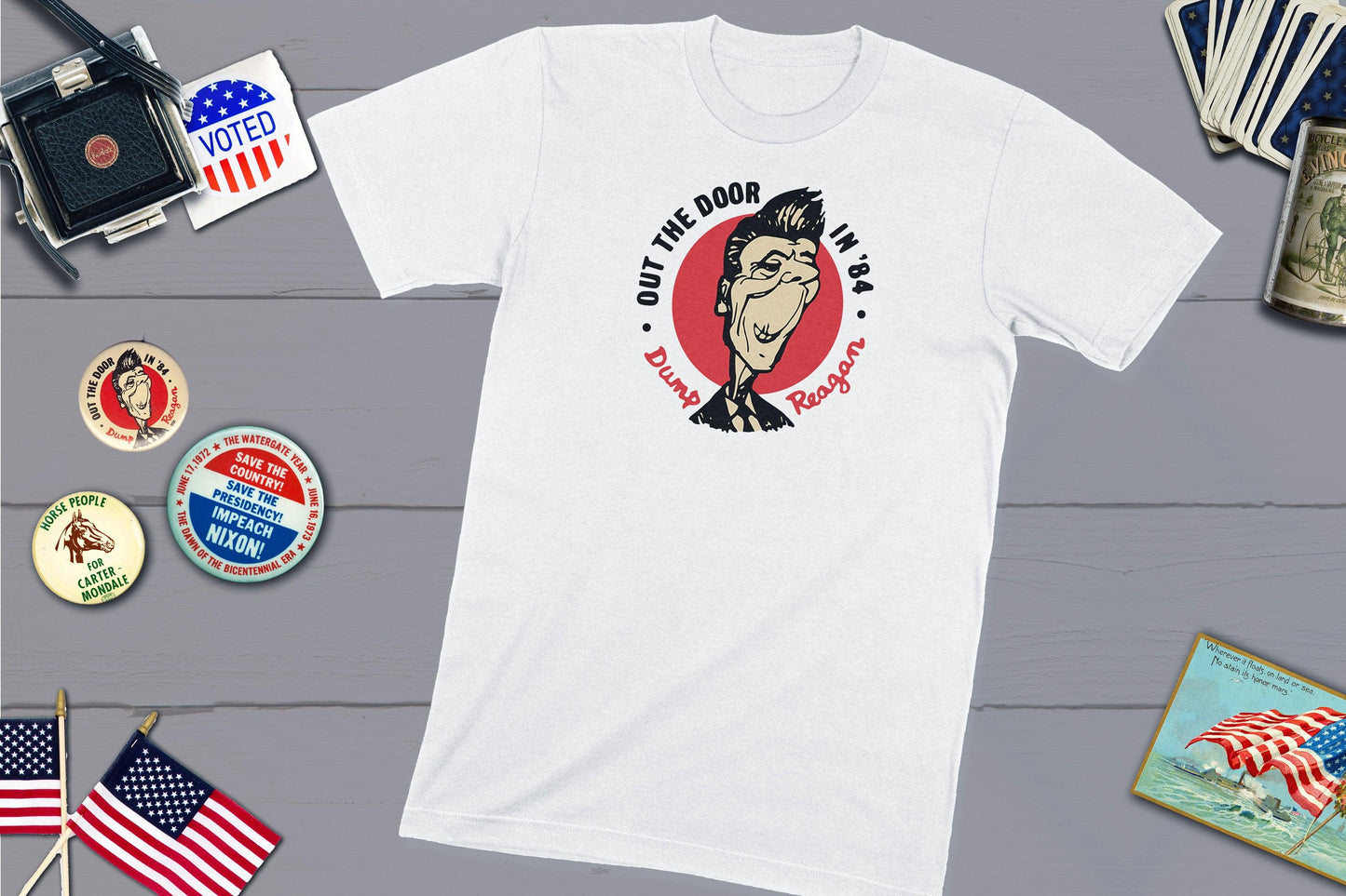 Out The Door In '84 - Dump Reagan - Anti-Reagan Vintage Political Button-Unisex T-shirt-Yesteeyear