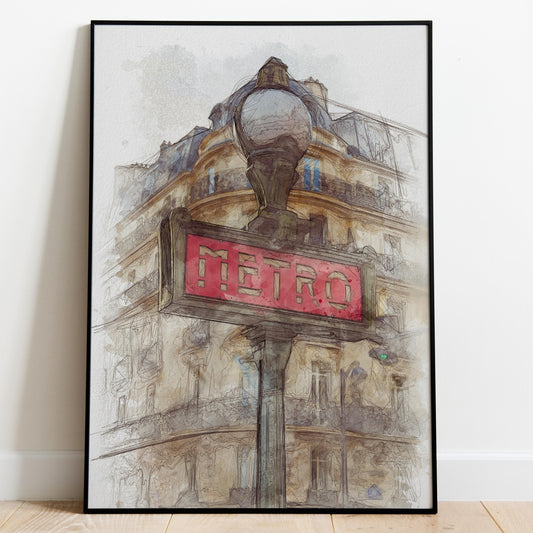 Paris Metro Sign Watercolor Poster-Poster-Yesteeyear