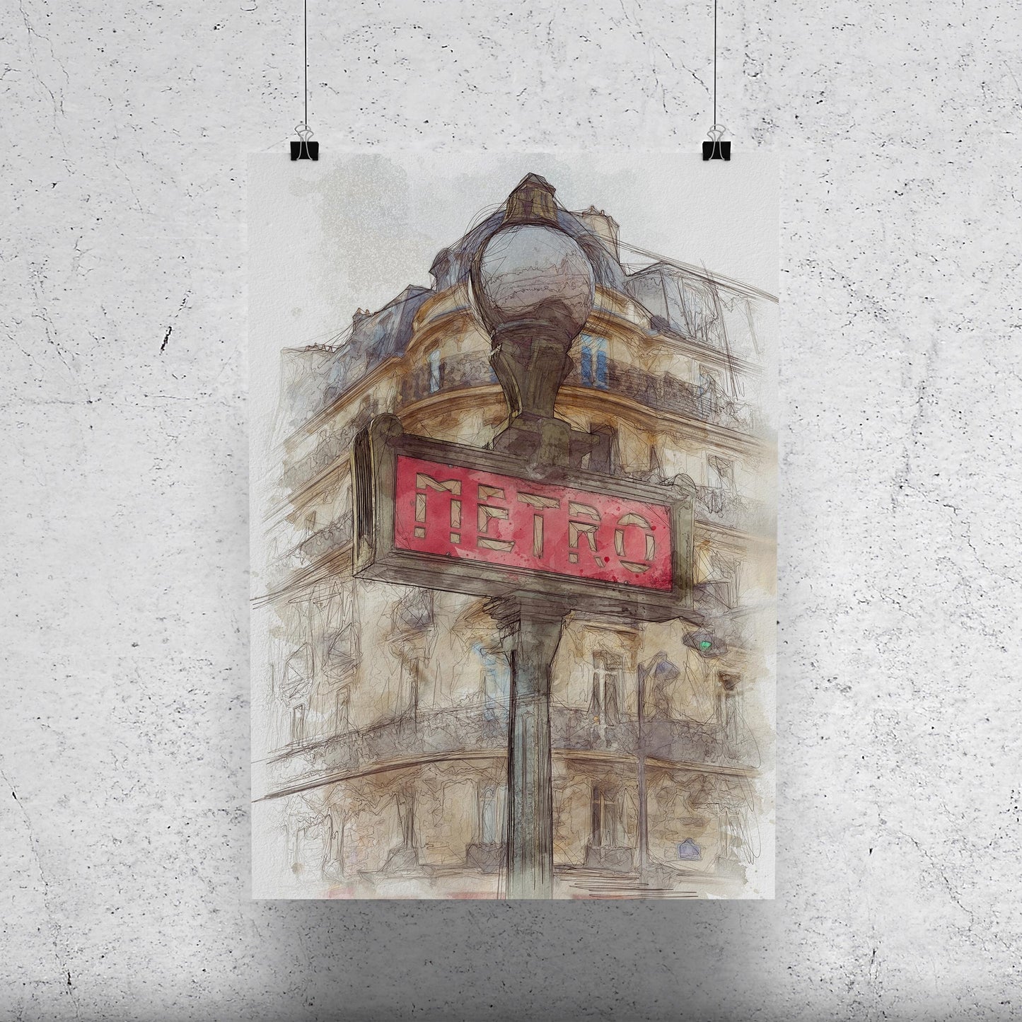 Paris Metro Sign Watercolor Poster-Poster-Yesteeyear