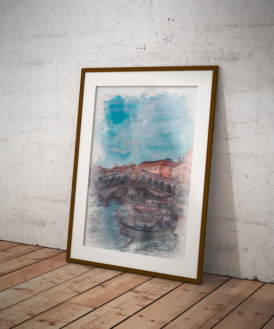 Rialto Bridge Venice Italy Watercolor Poster-Poster-Yesteeyear