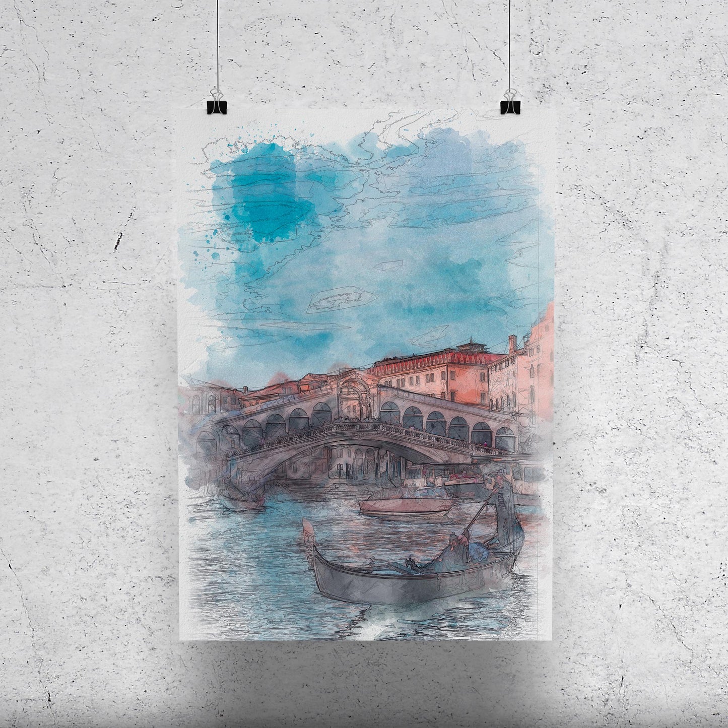 Rialto Bridge Venice Italy Watercolor Poster-Poster-Yesteeyear