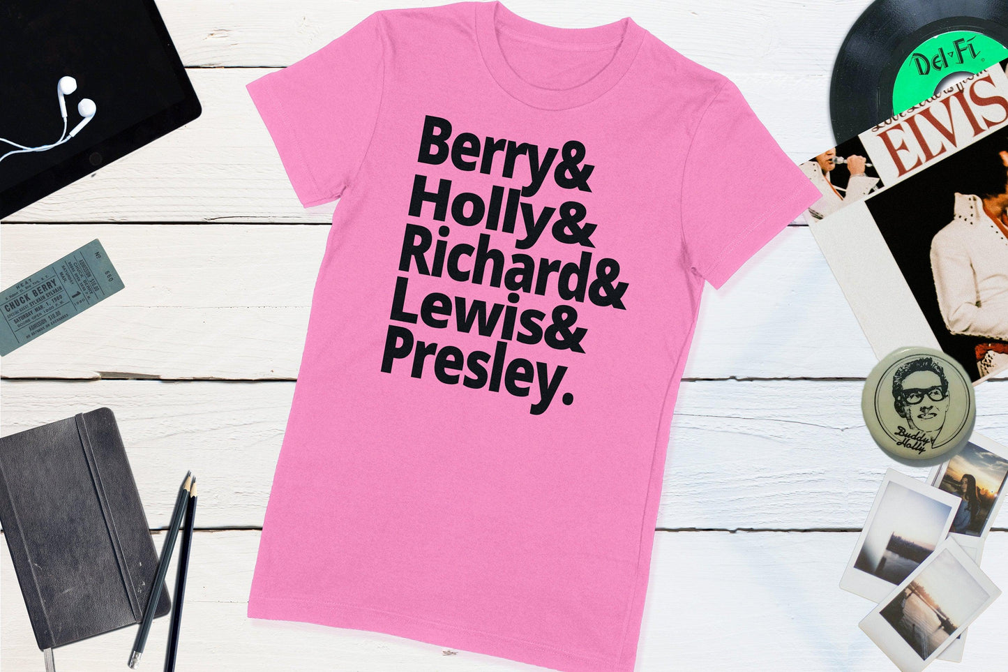 Rock N Roll Pioneers - Berry, Holly, Richard, Lewis, Presley-Women's T-shirt-Yesteeyear