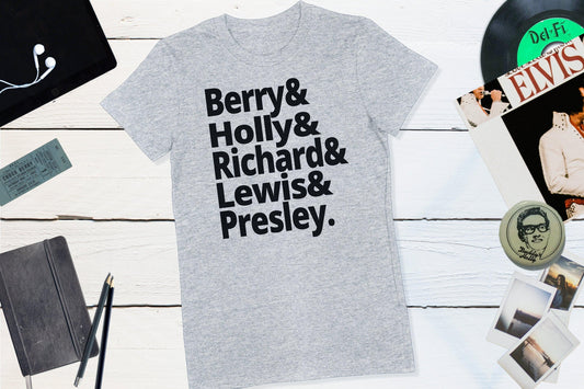 Rock N Roll Pioneers - Berry, Holly, Richard, Lewis, Presley-Women's T-shirt-Yesteeyear