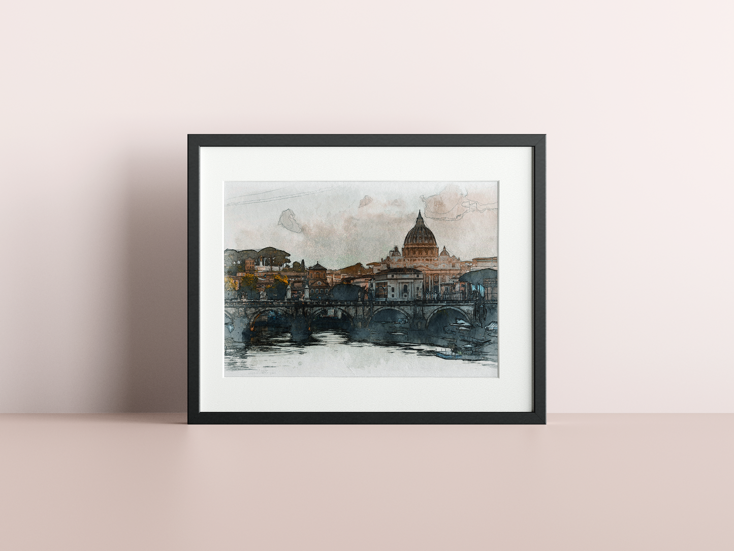 Saint Angelo Bridge Ponte Sant'Angelo Rome Italy Watercolor Poster-Poster-Yesteeyear