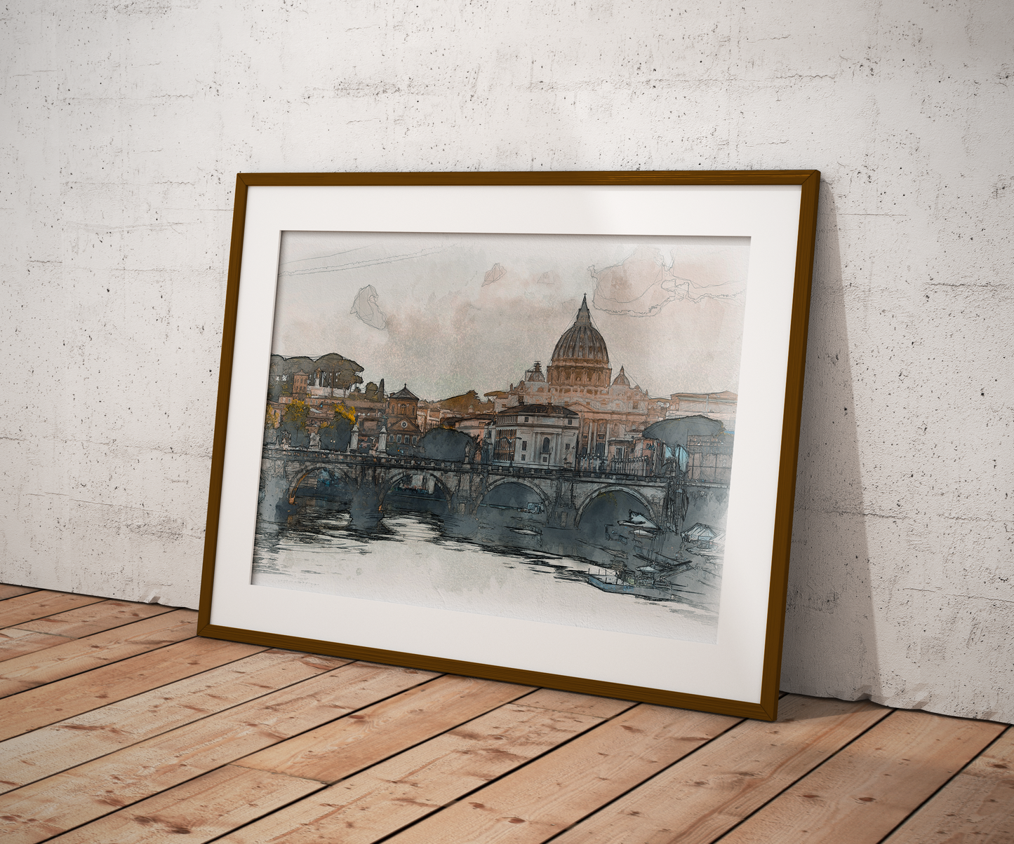 Saint Angelo Bridge Ponte Sant'Angelo Rome Italy Watercolor Poster-Poster-Yesteeyear