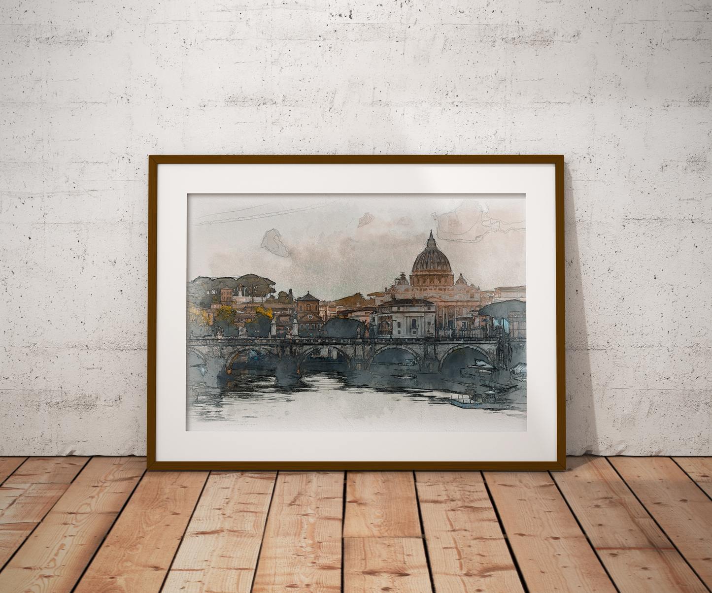 Saint Angelo Bridge Ponte Sant'Angelo Rome Italy Watercolor Poster-Poster-Yesteeyear