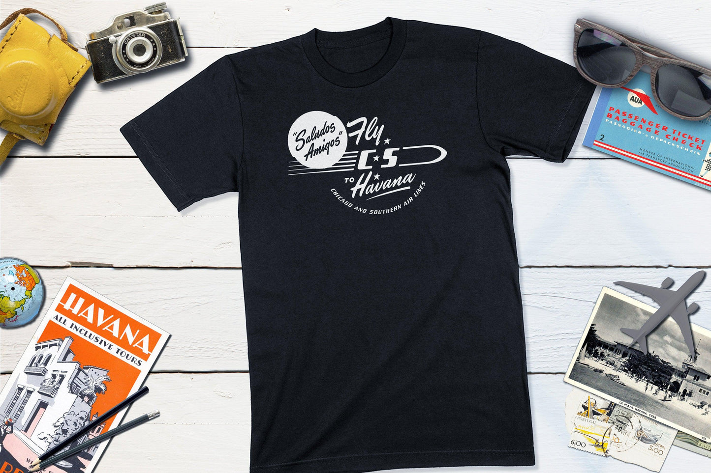 Saludos Amigos - Fly C-S to Havana - Chicago & Southern Air Vintage Travel Sticker-Unisex T-shirt-Yesteeyear