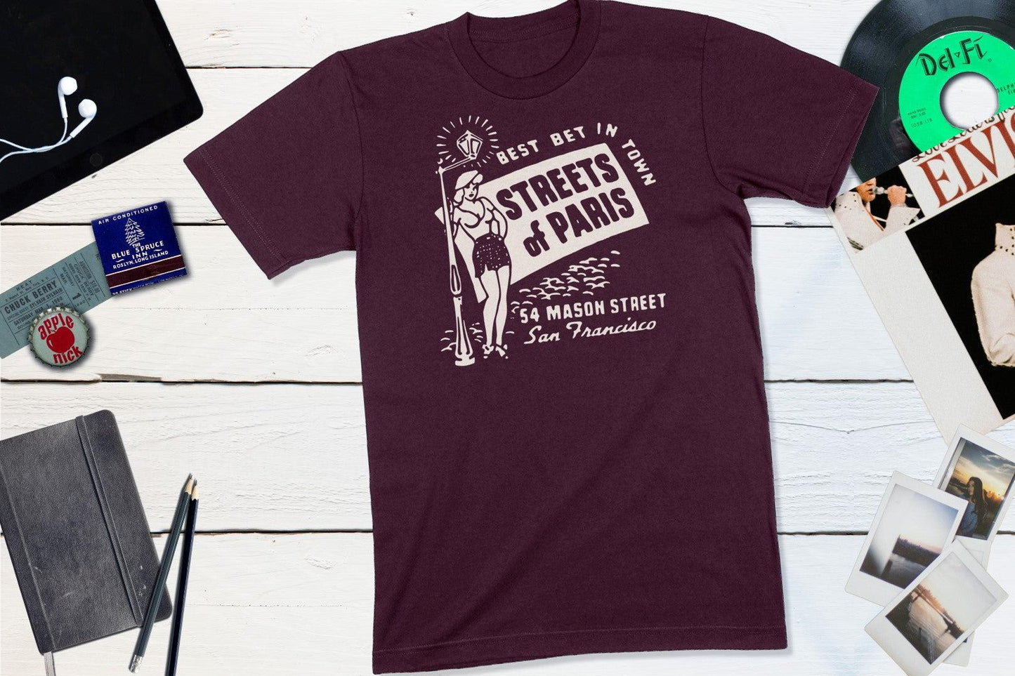 Streets of Paris Cocktail Lounge San Francisco California Vintage Matchbook-Unisex T-shirt-Yesteeyear