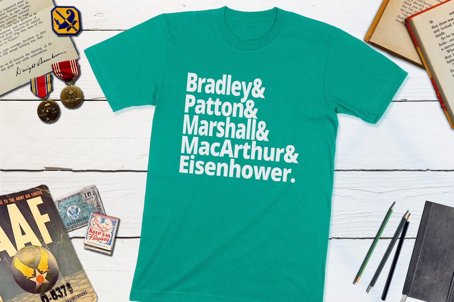 US World War II Generals - Bradley, Patton, Marshall, MacArthur, Eisenhower-Unisex T-shirt-Yesteeyear