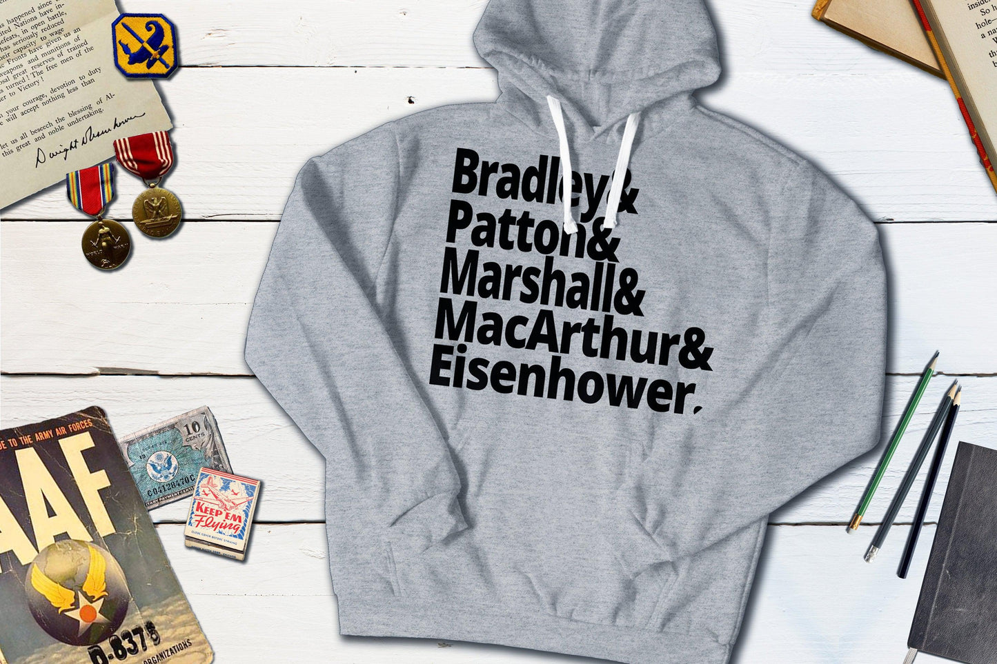 US World War II Generals - Bradley, Patton, Marshall, MacArthur, Eisenhower-Hooded Sweatshirt-Yesteeyear