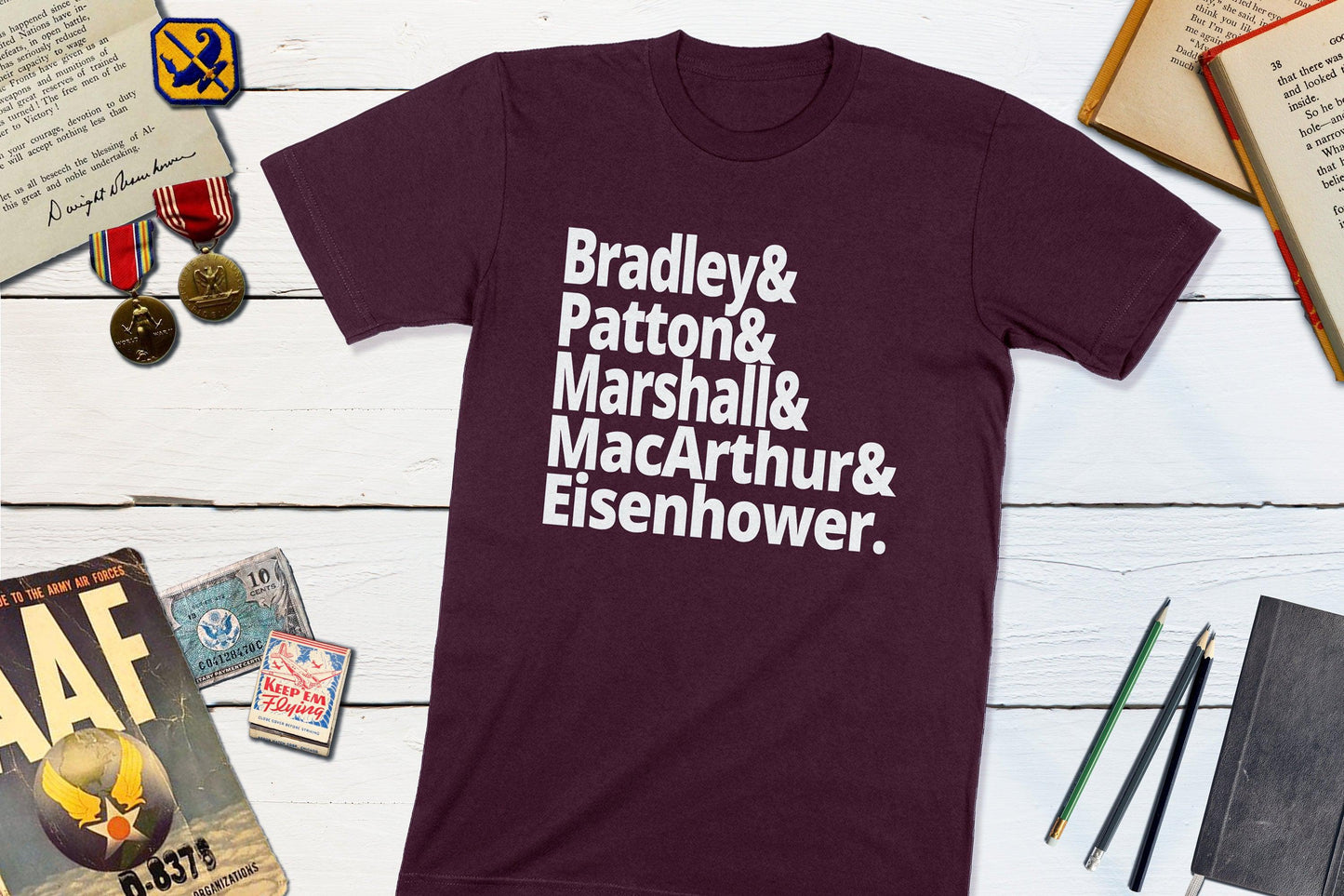 US World War II Generals - Bradley, Patton, Marshall, MacArthur, Eisenhower-Unisex T-shirt-Yesteeyear