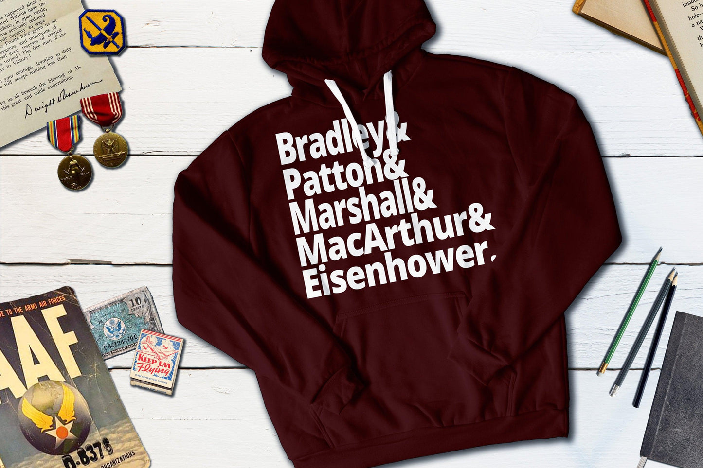 US World War II Generals - Bradley, Patton, Marshall, MacArthur, Eisenhower-Hooded Sweatshirt-Yesteeyear