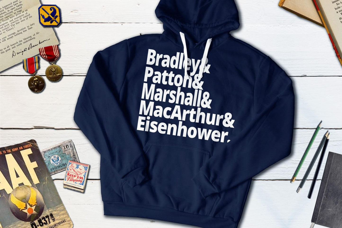 US World War II Generals - Bradley, Patton, Marshall, MacArthur, Eisenhower-Hooded Sweatshirt-Yesteeyear