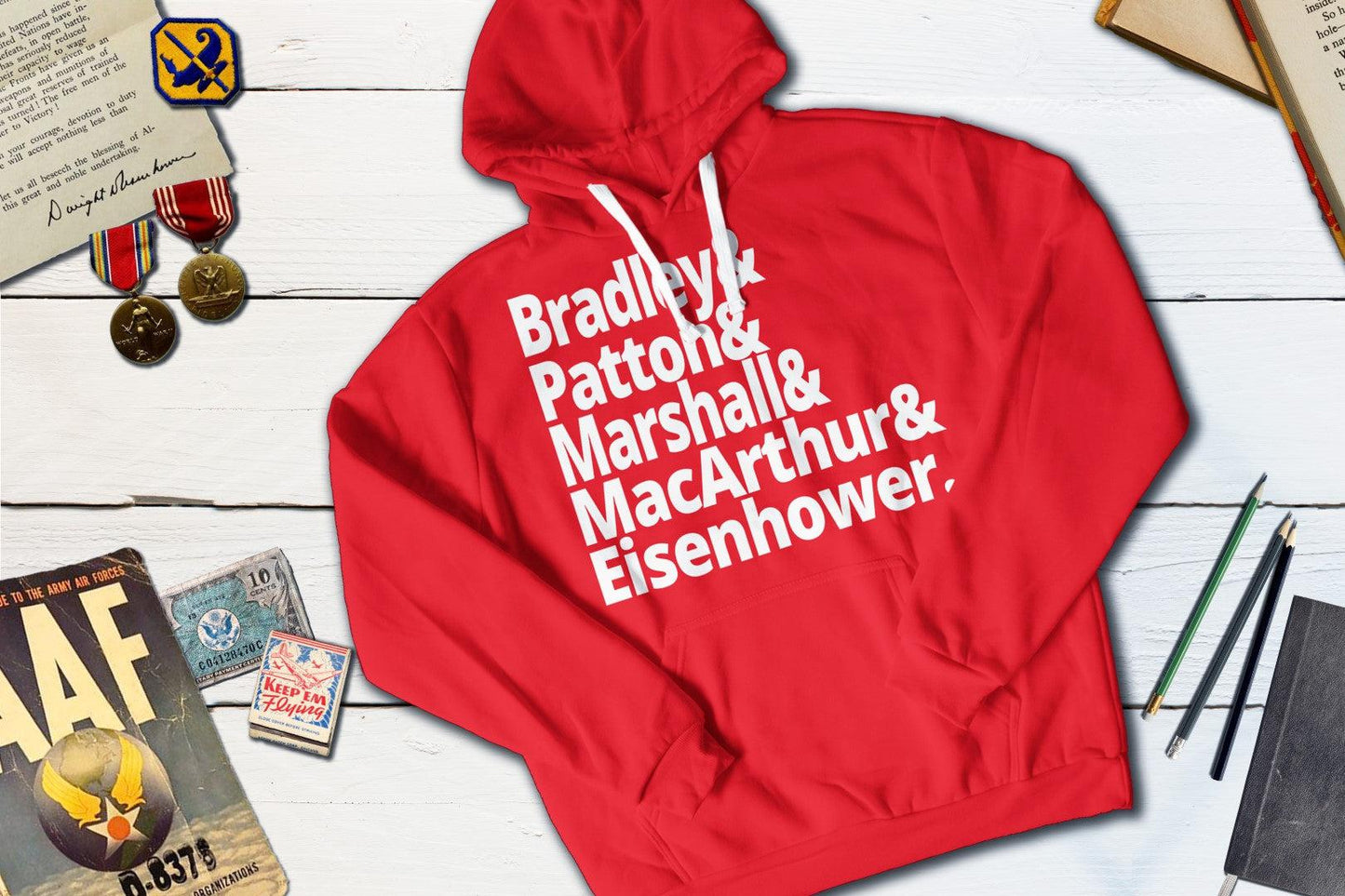 US World War II Generals - Bradley, Patton, Marshall, MacArthur, Eisenhower-Hooded Sweatshirt-Yesteeyear