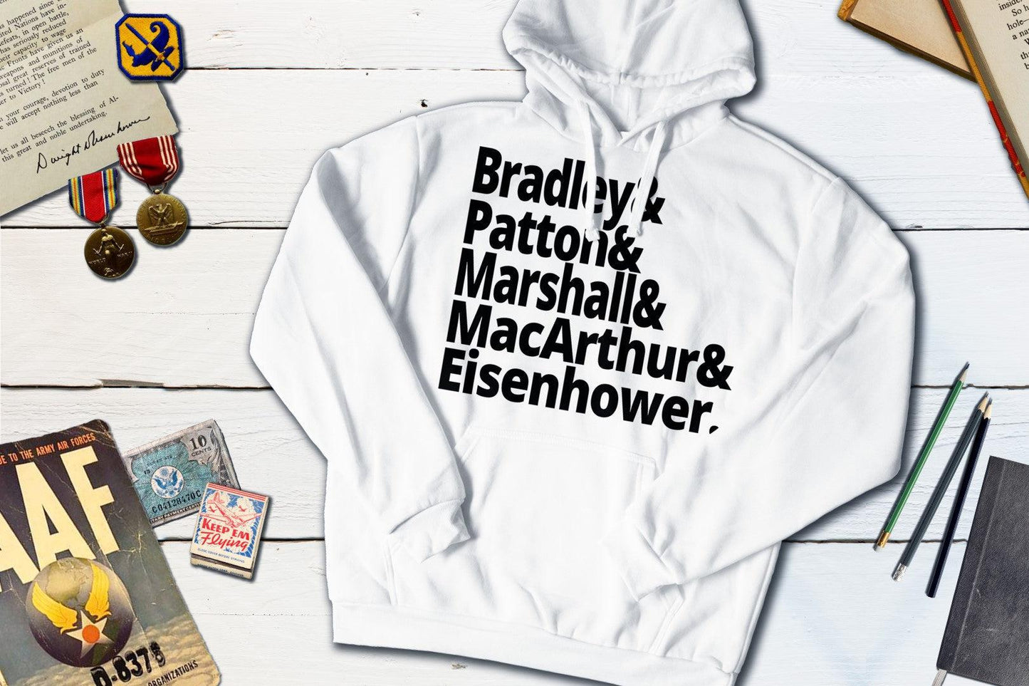 US World War II Generals - Bradley, Patton, Marshall, MacArthur, Eisenhower-Hooded Sweatshirt-Yesteeyear
