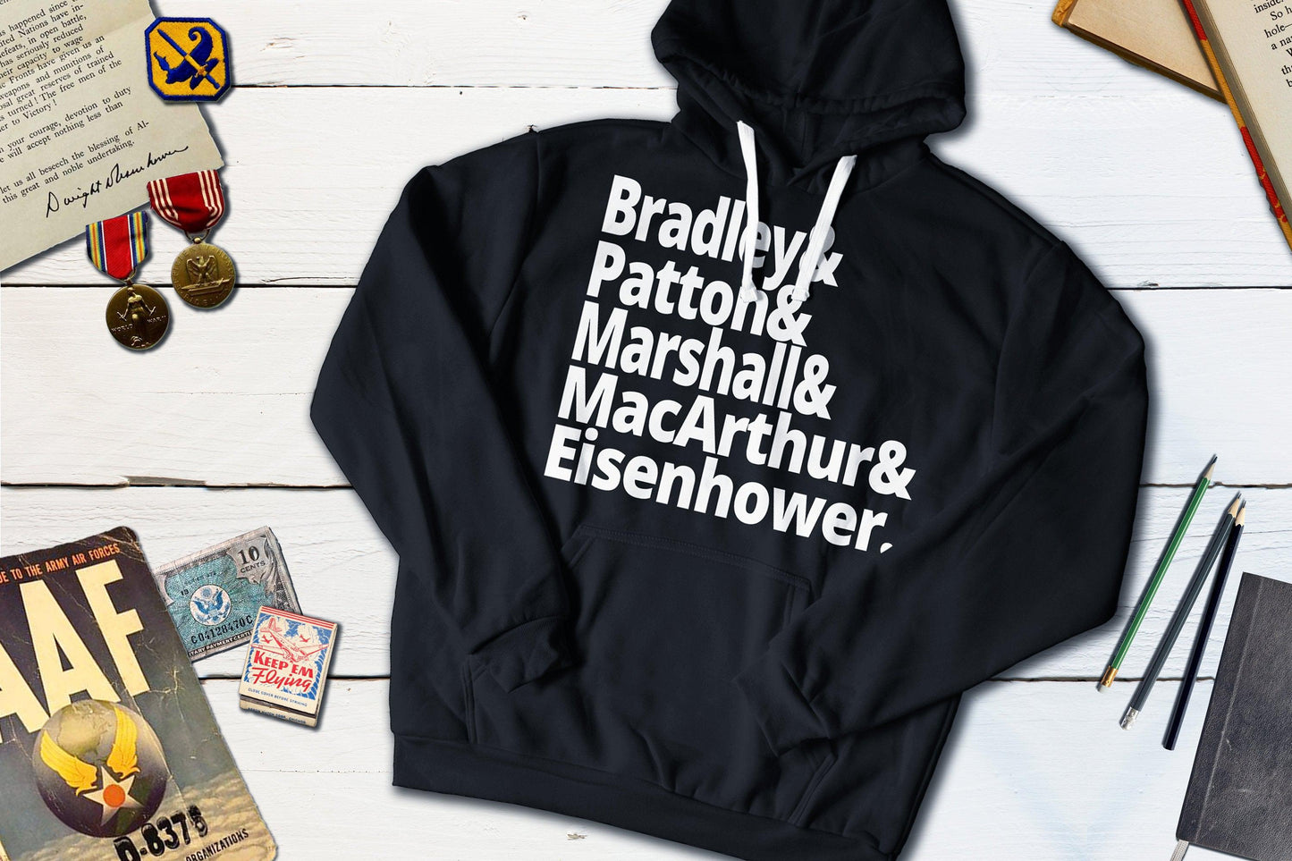 US World War II Generals - Bradley, Patton, Marshall, MacArthur, Eisenhower-Hooded Sweatshirt-Yesteeyear